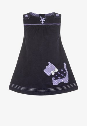 Robe pour tout-petit couleur violet foncé avec pois violets et application chien, bretelles avec boutons et couture décorative à l'ourlet.