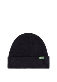 Gorra de punto en color azul marino, hecha de una mezcla de lana, con una textura acanalada y un dobladillo doblado que presenta una pequeña etiqueta de logo verde.