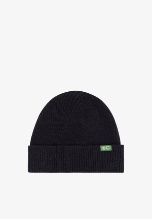 Granatowa dziana czapka wykonana z mieszanki wełny, z prążkowaną teksturą i złożonym mankietem z małą zieloną metką logo.