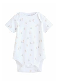 Valge lühikeste varrukatega beebibody, millel on üle kogu mahu prinditud väikesed heledast pruunist karud sinistes särgites. Kolm rõngast allosas.