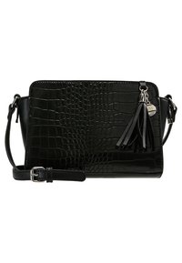 Sort faux læder crossbody taske med krokodillemønster, der har en aftagelig frynse og justerbar rem. Sølvfarvede metaldele.