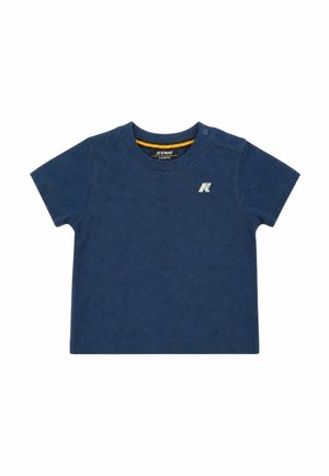 Maglietta per neonati blu navy a maniche corte con collo rotondo, piccolo logo sul petto e bottoni a pressione sulla spalla sinistra.