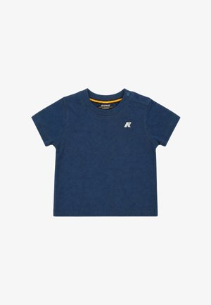 Maglietta per neonati blu navy a maniche corte con collo rotondo, piccolo logo sul petto e bottoni a pressione sulla spalla sinistra.