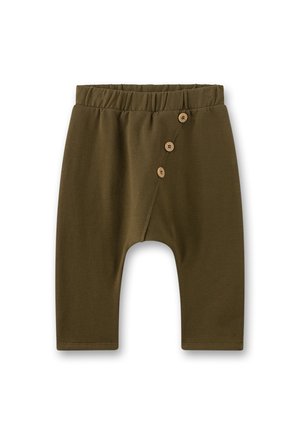 Olive green cotton pants with an elastic waistband, featuring four wooden buttons along the side and a loose, relaxed fit.