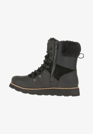 Bottines noires avec un col en fourrure texturée, un laçage à l'avant, une fermeture éclair sur le côté et une semelle en caoutchouc. Elles présentent une combinaison de cuir lisse et de suède.