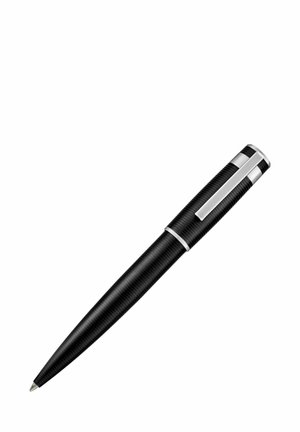 Črna kemična pisala s srebrnim sponkom in poudarki, zoženo obliko telesa in teksturiranim oprijemom, prikazana na belem ozadju.