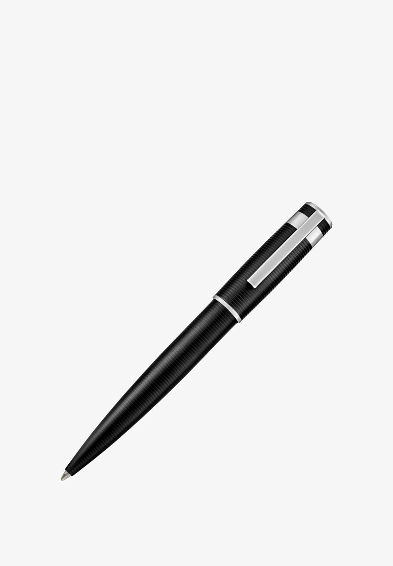 Stylo à bille noir avec clip et accents argentés, corps effilé et grip texturé, présenté sur un fond blanc.