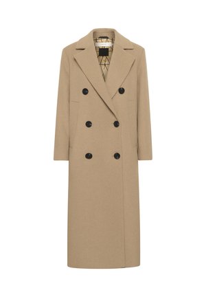 Beige Wollmischung Doppelreiher mit Reverskragen, schwarzen Knöpfen und Seitentaschen. Gerader Schnitt und mittellanges Design. Gefüttertes Innenfutter.