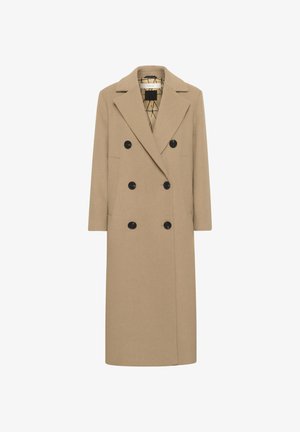 Beige wool blend double-breasted coat with notch lapels, black buttons, and side pockets. Straight cut and mid-length design. Lined interior.