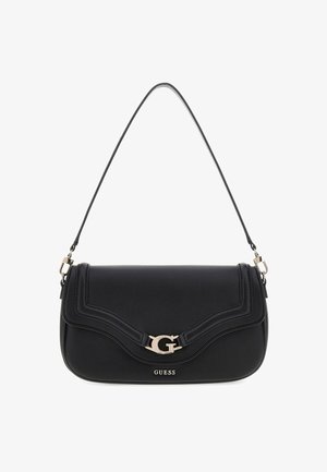 Black leather handbag with a curved flap, embossed detailing, gold-tone logo hardware, and a adjustable shoulder strap.