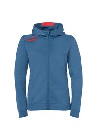 Hoodie bleu zippé avec capuche à cordon. Présente des accents rouges et un logo sur la poitrine. Fabriqué dans un tissu lisse et extensible.