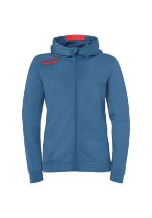 Hoodie bleu zippé avec capuche à cordon. Présente des accents rouges et un logo sur la poitrine. Fabriqué dans un tissu lisse et extensible.