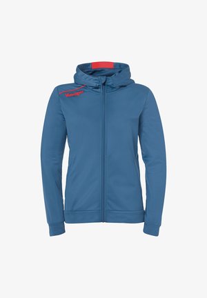 Blaue Zip-Hoodie mit Kapuze und Kordelzug. Mit roten Akzenten und einem Logo auf der Brust. Hergestellt aus einem glatten, dehnbaren Stoff.