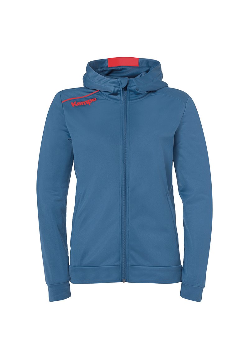 Hoodie bleu zippé avec capuche à cordon. Présente des accents rouges et un logo sur la poitrine. Fabriqué dans un tissu lisse et extensible.