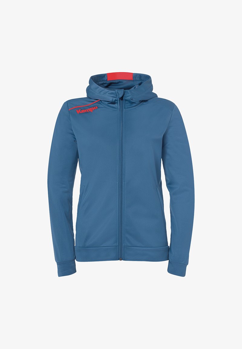 Hoodie bleu zippé avec capuche à cordon. Présente des accents rouges et un logo sur la poitrine. Fabriqué dans un tissu lisse et extensible.