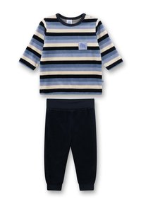 Langsleeve babypak met een bovenstuk in blauw, wit en marineblauwe strepen, voorzien van een olifantenpatch, gecombineerd met effen marineblauwe broek.