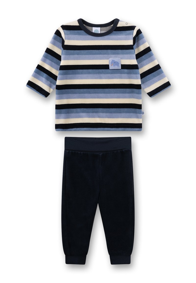 Langsleeve babypak met een bovenstuk in blauw, wit en marineblauwe strepen, voorzien van een olifantenpatch, gecombineerd met effen marineblauwe broek.