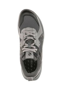 Gray athletic shoe featuring a combination of mesh and suede materials, with black accents, round laces, and a textured rubber sole.