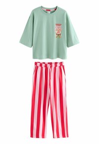 Mint green short-sleeve T-shirt with printed design; red and white striped pants with elastic waistband and drawstring.