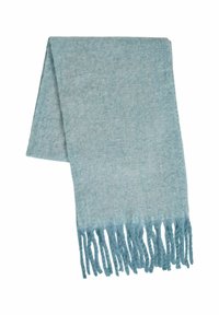 Lichtblauwe sjaal van zacht materiaal, met een gestructureerde afwerking en franjes aan de uiteinden. Rechthoekige vorm, zonder patronen.