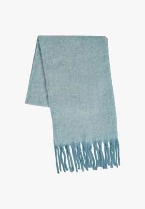 Bufanda azul claro hecha de material suave, con un acabado texturizado y detalles de flecos en los extremos. Forma rectangular, sin patrones.