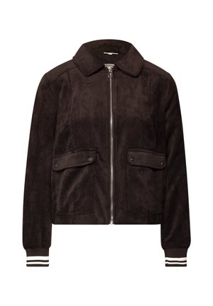 Veste en velours côtelé marron avec un col, fermeture éclair à l'avant et deux poches poitrine. Poignets côtelés avec des rayures blanches. Texture lisse. Design Court.