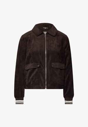 Chaqueta de pana marrón con cuello, cierre frontal y dos bolsillos en el pecho. Puños acanalados con rayas blancas. Textura suave. Diseño corto.