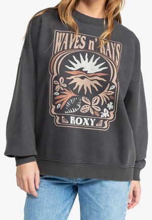 Dunkelgrauer Sweatshirt mit Rundhalsausschnitt, das ein großes grafisches Design in erdigen Tönen zeigt, das Sonnen- und Blumenthemen beinhaltet.
