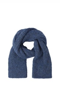 Sciarpa blu lavorata a maglia con un motivo testurizzato, realizzata in un materiale morbido, con orli sfrangiati e una forma ampia ed allungata.