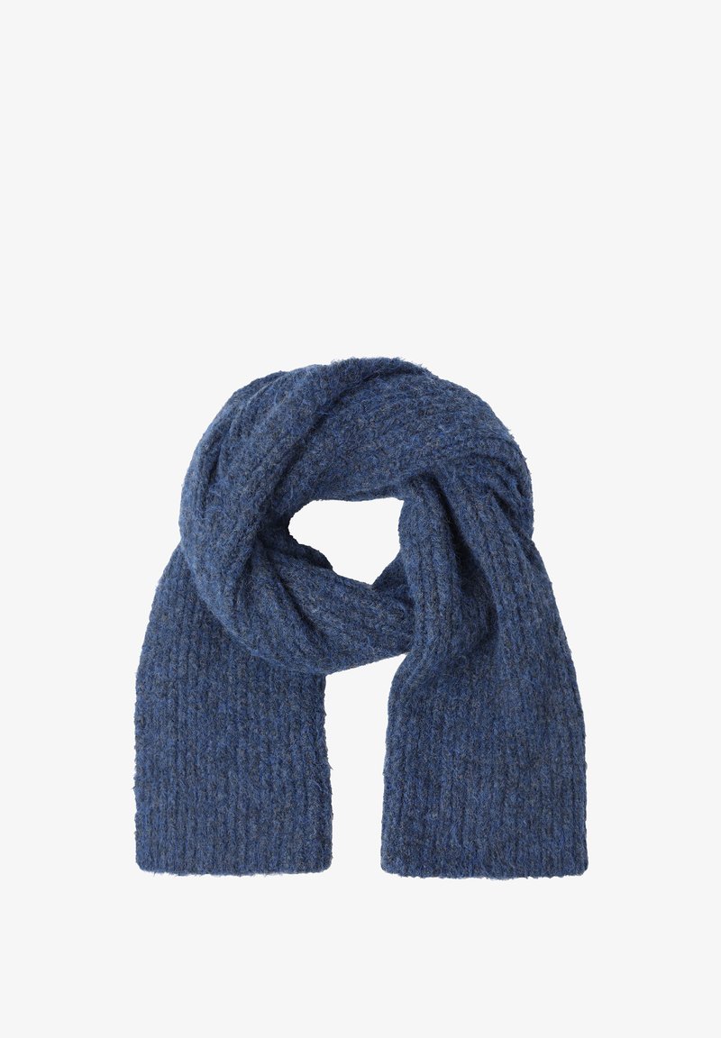Sciarpa blu lavorata a maglia con un motivo testurizzato, realizzata in un materiale morbido, con orli sfrangiati e una forma ampia ed allungata.
