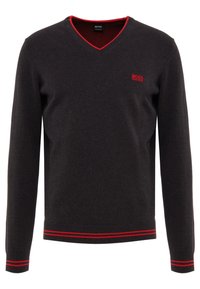 Dunkelgrauer Baumwollpullover mit V-Ausschnitt und roten Akzenten am Kragen und Saum. Verfügt über lange Ärmel und ein kleines gesticktes Logo auf der Brust.