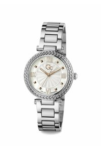 Orologio in metallo argentato con quadrante rotondo in madreperla texturizzata, numeri romani e un dettaglio a treccia sulla lunetta. Il bracciale presenta maglie lucidate.