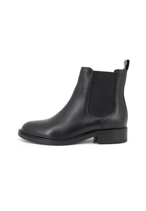 Stivaletto in pelle nera con pannelli laterali elasticizzati, punta arrotondata e tacco a blocco piccolo. Texture liscia, design semplice e senza decorazioni visibili.