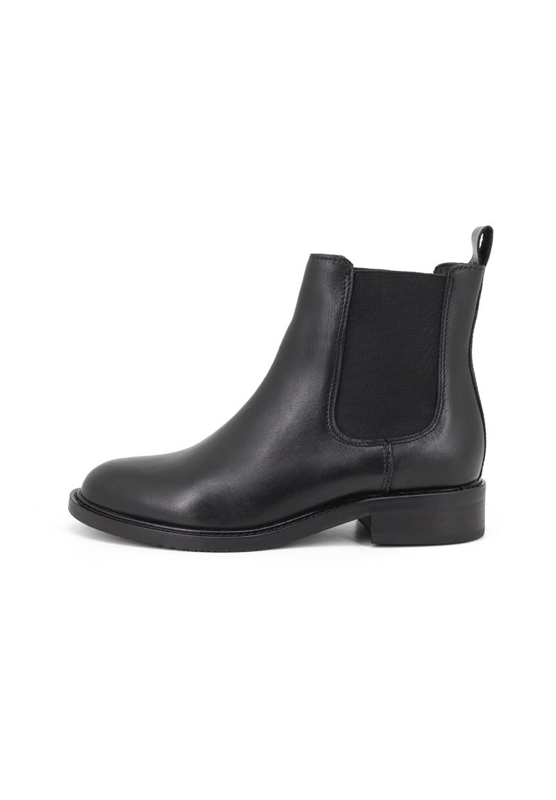 Stivaletto in pelle nera con pannelli laterali elasticizzati, punta arrotondata e tacco a blocco piccolo. Texture liscia, design semplice e senza decorazioni visibili.