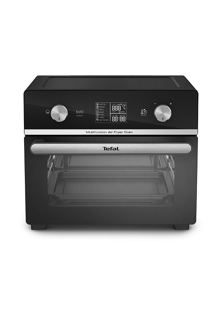 Multifunctionele airfryer oven in zwart met roestvrijstalen accenten. Beschikt over een digitaal display, meerdere kookfuncties en een glazen deur.