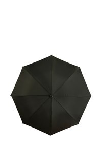 Parapluie noir à huit panneaux, texture lisse et mécanisme d'ouverture central. Design classique adapté à la protection contre la pluie.