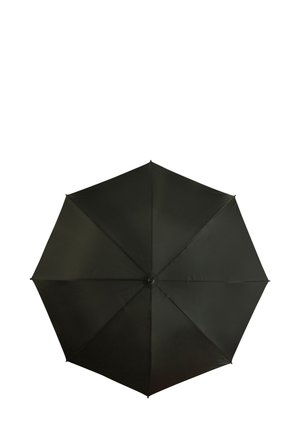 Parapluie noir à huit panneaux, texture lisse et mécanisme d'ouverture central. Design classique adapté à la protection contre la pluie.