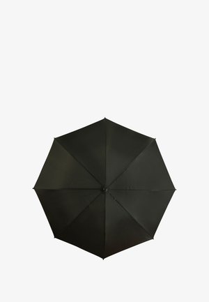Ombrello nero con otto pannelli, texture liscia e meccanismo di apertura centrale. Design classico adatto alla protezione dalla pioggia.