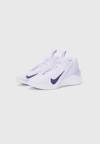 Light purple athletic shoes with a mesh upper, white sole, and dark purple Nike swoosh logo. Features textile accents and lace-up design.