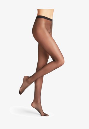 Collants noirs transparents avec une texture lisse, dotés d'une taille solide et d'une seule couture, conçus pour offrir un ajustement près des jambes.