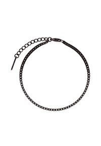 Bracciale a catena nera con design a link, texture metallica liscia e chiusura regolabile con catena di estensione.