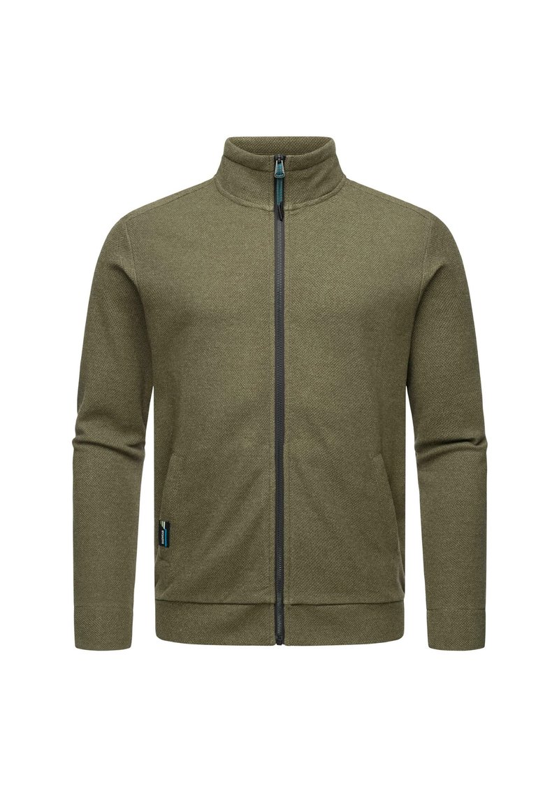 Giacca zip-up verde oliva con colletto alto, tessuto testurizzato, due tasche laterali e dettagli in accento e zip nera.