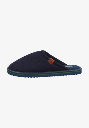 Navy wool slipper with a soft texture, wide opening, and green accent on the sole. Features a brown leather logo patch on the side.