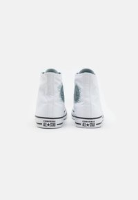 Bílé vysoké tenisky Converse s vyšitými tyrkysovými akcenty, černou gumovou podrážkou a nápisem "All Star" na patě.