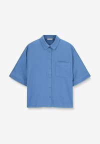 Short-sleeved, collared shirt in light blue fabric with a textured finish, featuring a button-down front and a single chest pocket.