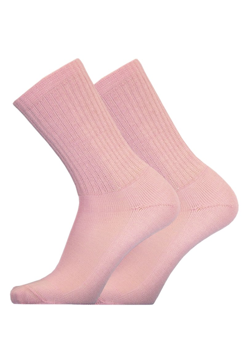 Helle rosa Crew-Socken aus einem weichen, gerippten Stoff, mit einer nahtlosen Zehenkappe und einer standardmäßigen Bündchenhöhe.