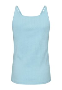 Šviesiai mėlynas ribuotas tankinis su plonomis petnešėlėmis ir apvalia iškirpte. Pagamintas iš minkštos, tamprios medžiagos, formą išlaikančiu siluetu. Be raštų ar akcentų.