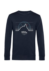 Felpa a maniche lunghe di colore blu navy con grafica di una montagna e design di una rosa dei venti, stampata in bianco e azzurro chiaro, con accenti rossi a contrasto.