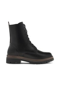 Botine din piele neagră, cu vârf rotund, talpă din cauciuc rezistentă și sistem de închidere cu șireturi în față. Prezintă un guler căptușit și detalii fine de cusătură.