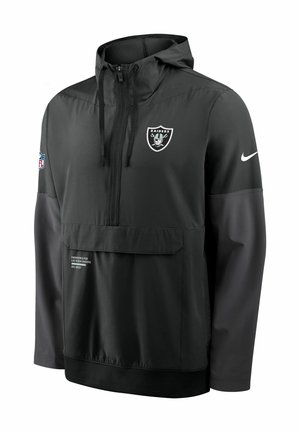 Schwarze Kapuzenjacke mit halbem Reißverschluss. Verfügt über graue Ärmel, eine Fronttasche und das NFL Las Vegas Raiders-Logo auf der Brust.
